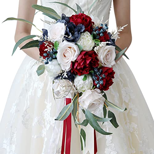 Uposao Ramo De Novia, Patrón De Gota De Agua Ramo De Rosas Artificiales, Ramos De Traje De Novia Cascada Accesorios De Centro De Mesa De Boda De Cumpleaños