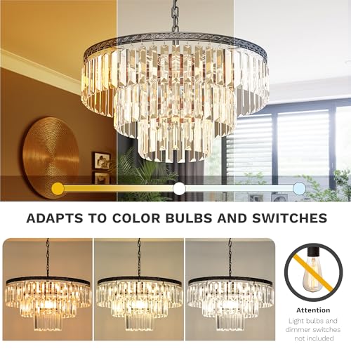 DWVO Black Crystal Ceiling Light Pendant Light 20in, 9-Light Round 3-Tier Adjustable Hight Modern Luxury Crystal Chandeliers for Living Room Entryway Bedroom Dining Room - E12 Base