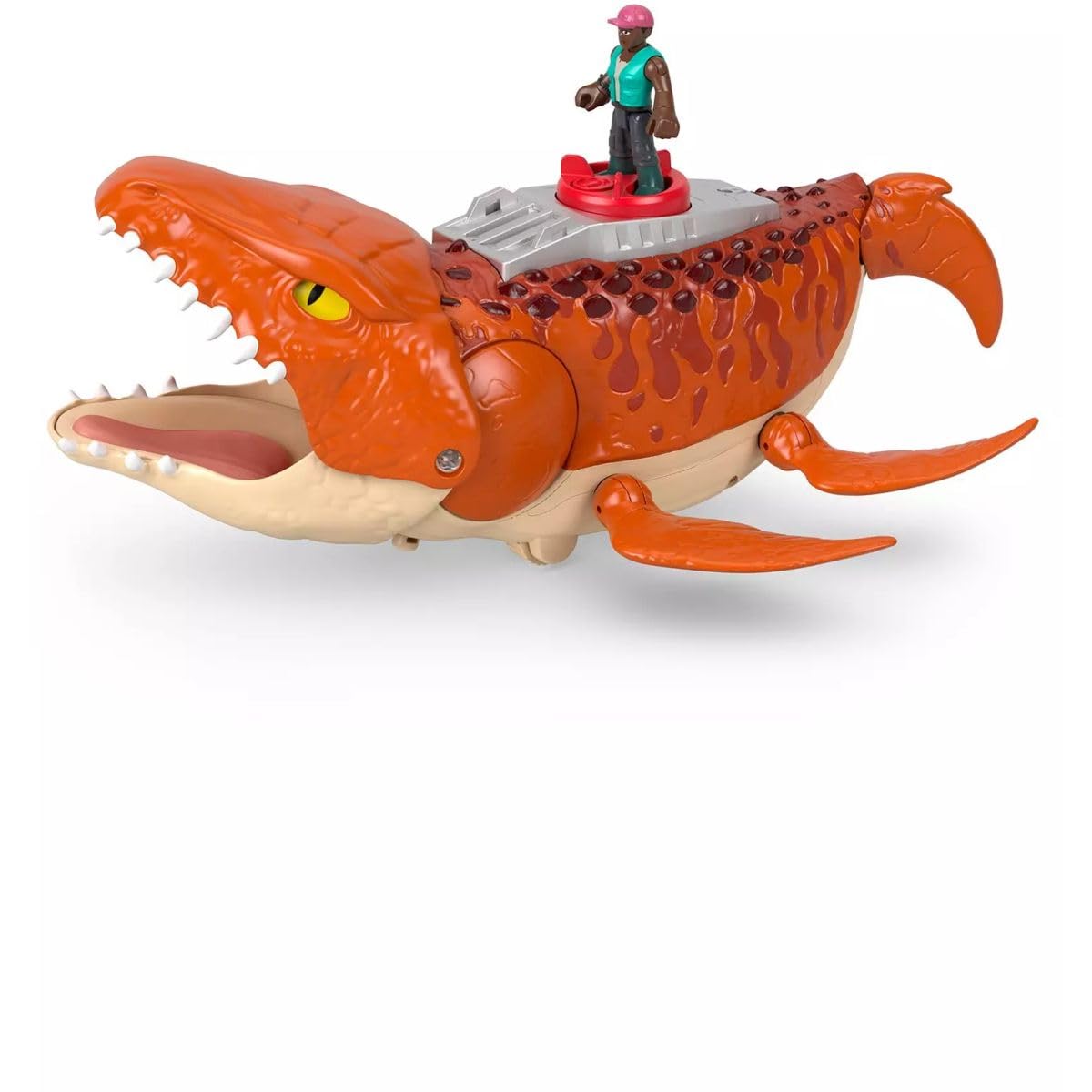 Fisher-Price Imaginext Jurassic World Rebirth Aquachomp Chase Mosasaurus 18-inch Dinosaur Toy with 3-inch Action Figure, Launcher Boat & 2 Projectiles