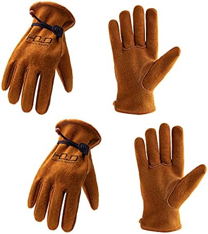 HLDD HANDLANDY 2 Pairs Deerskin Leather Work Gloves for Men & Women, Heat Fire Resistant Forge Welding Gloves, Rigger Gloves for Driver, Construction, Yardwork, Gardening, BBQ (L, Brown)
