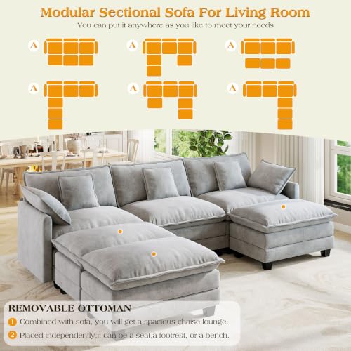 Image of Hanherry Modular Sectional Sofa,Cloud Couch for Living Room,Modern Deep Seat Sofa Chenille Fabric Comfy Couches with Throw Pillows & Movable Ottoman for Apartment
