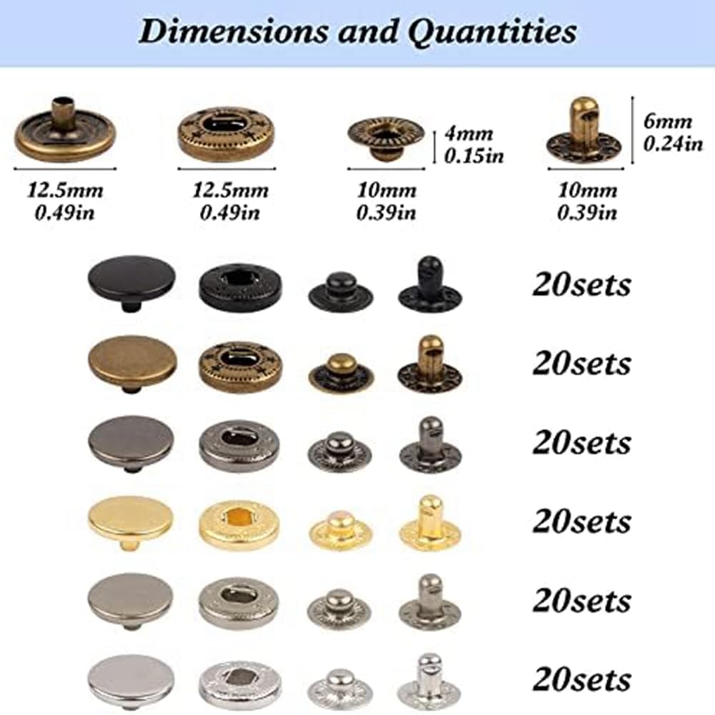 Kit Bottoni A Pressione 100 Pezzi - Metallico 12.5mm Con 4 Attrezzi | Per Abbigliamento E Pelletteria - Foto 9