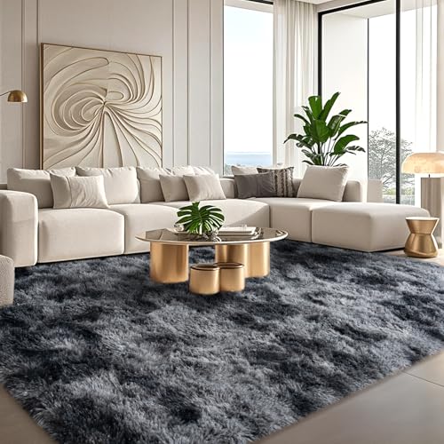 Large Fluffy Rugs for Living Room 8x10 ft - Ultra Soft Faux Fur Area Rug - Plush Non-Slip Shag Shaggy Carpet for Bedroom Kids Boys Girls Dorm Nursery Room - Tie-Dyed Black