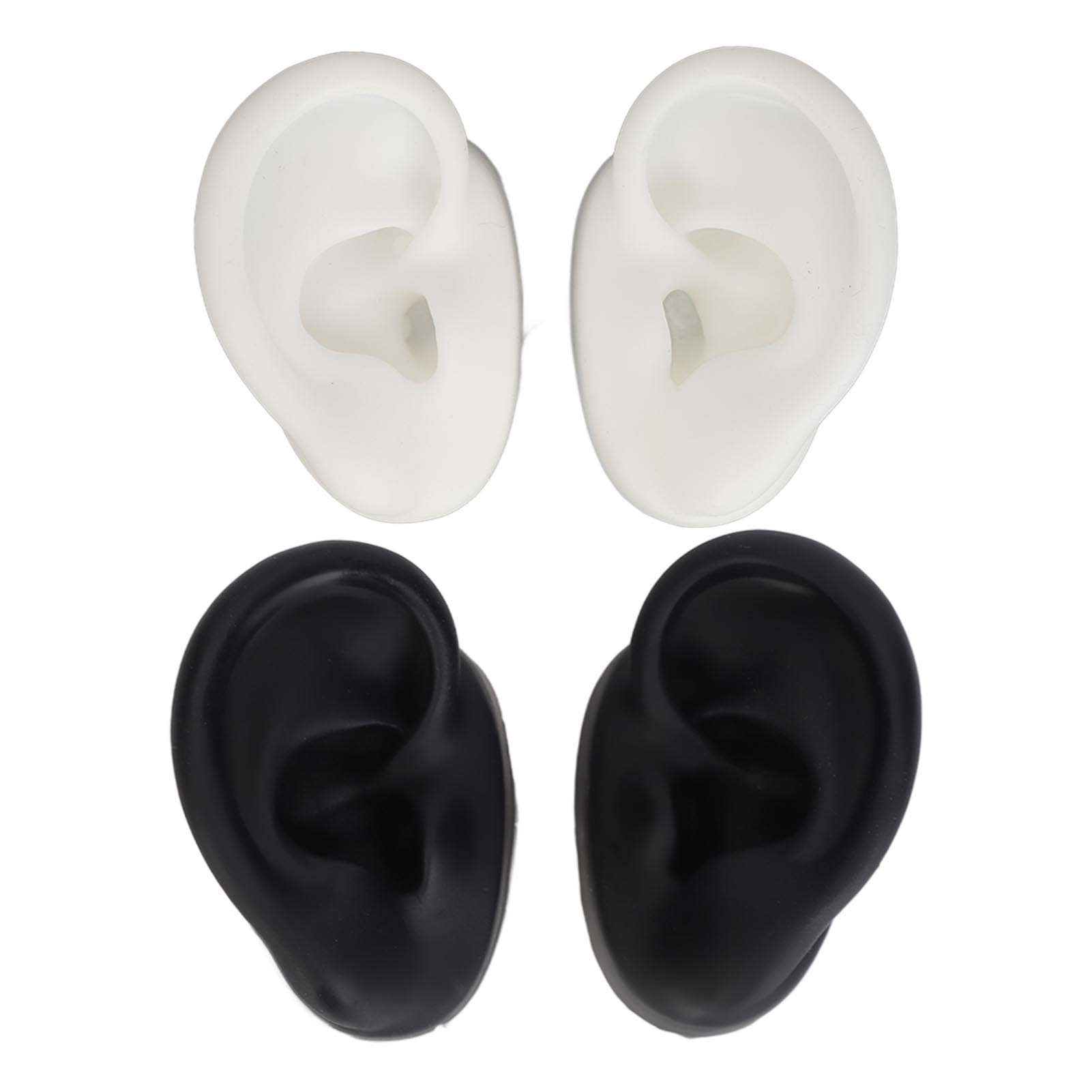 2 paia di modelli di orecchie in silicone, pratica di piercing all'orecchio finto destro e sinistro, parti del corpo in silicone per lo strumento di (bianco e nero)