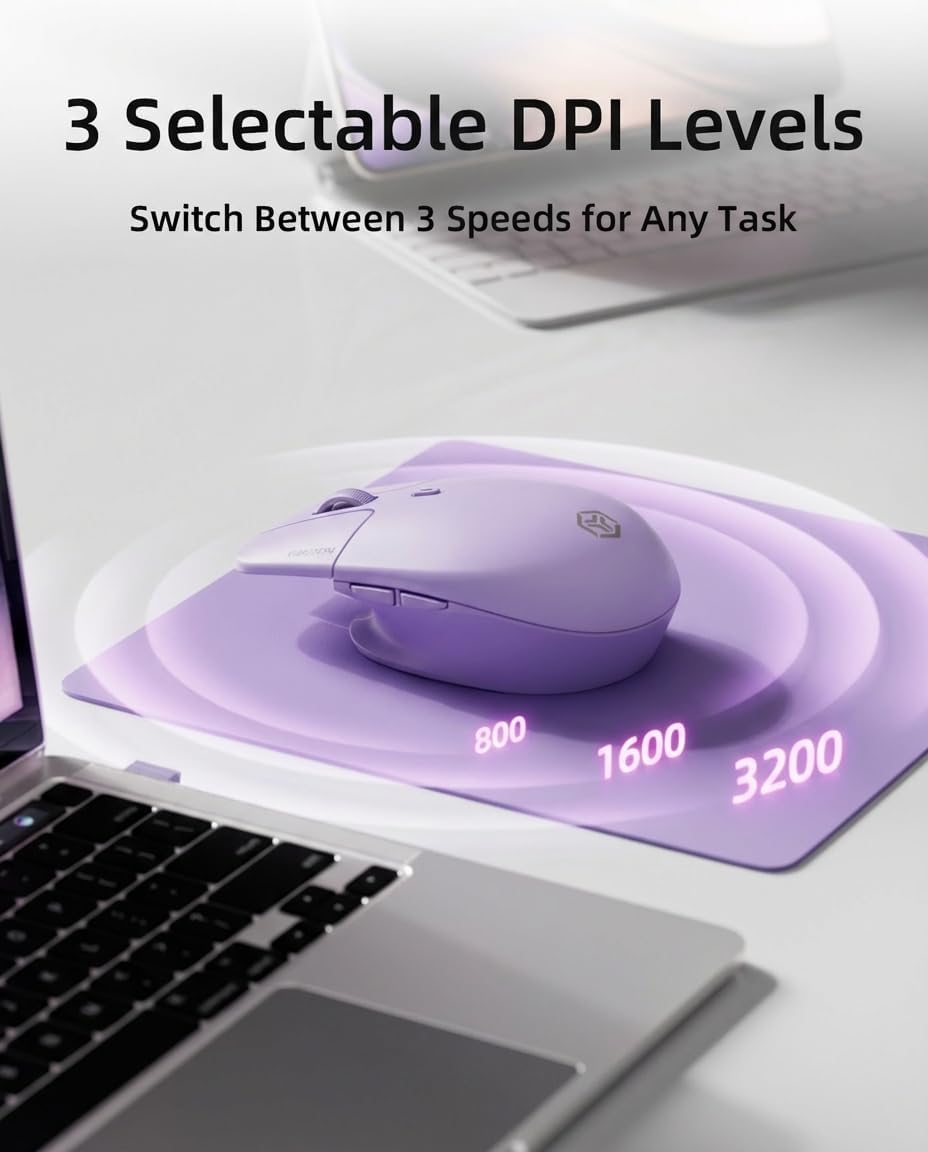 EWEADN Q21 Wireless Mouse, Bluetooth & 2.4G Dual Mode Silent Computer Mouse with Rechargable 500mAh Battery, 3200DPI Ergonomic Optical Mouse for Laptop, PC, Mac, Office & Travel, Purple