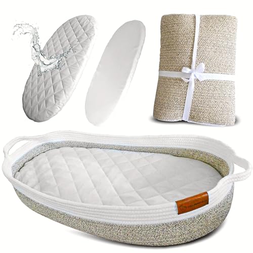Image of Lullababy and Co Baby Changing Basket with Two Covers – Practical Basket with Foam Pad – Cotton Rope Diaper Changing Station with Waterproof Cover - Changing Table Topper