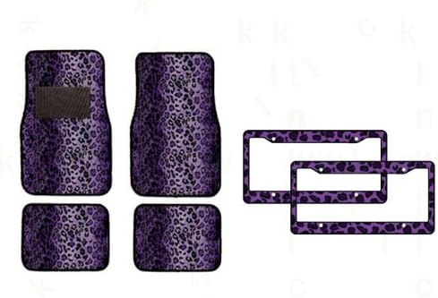 6-Piece Animal Print Automotive Interior Gift Set - A Set of 4 Universal Fit Leopard Purple Carpet Floor Mats for Cars / Truck and 2 Leopard Purple Plastic License Plate Frames