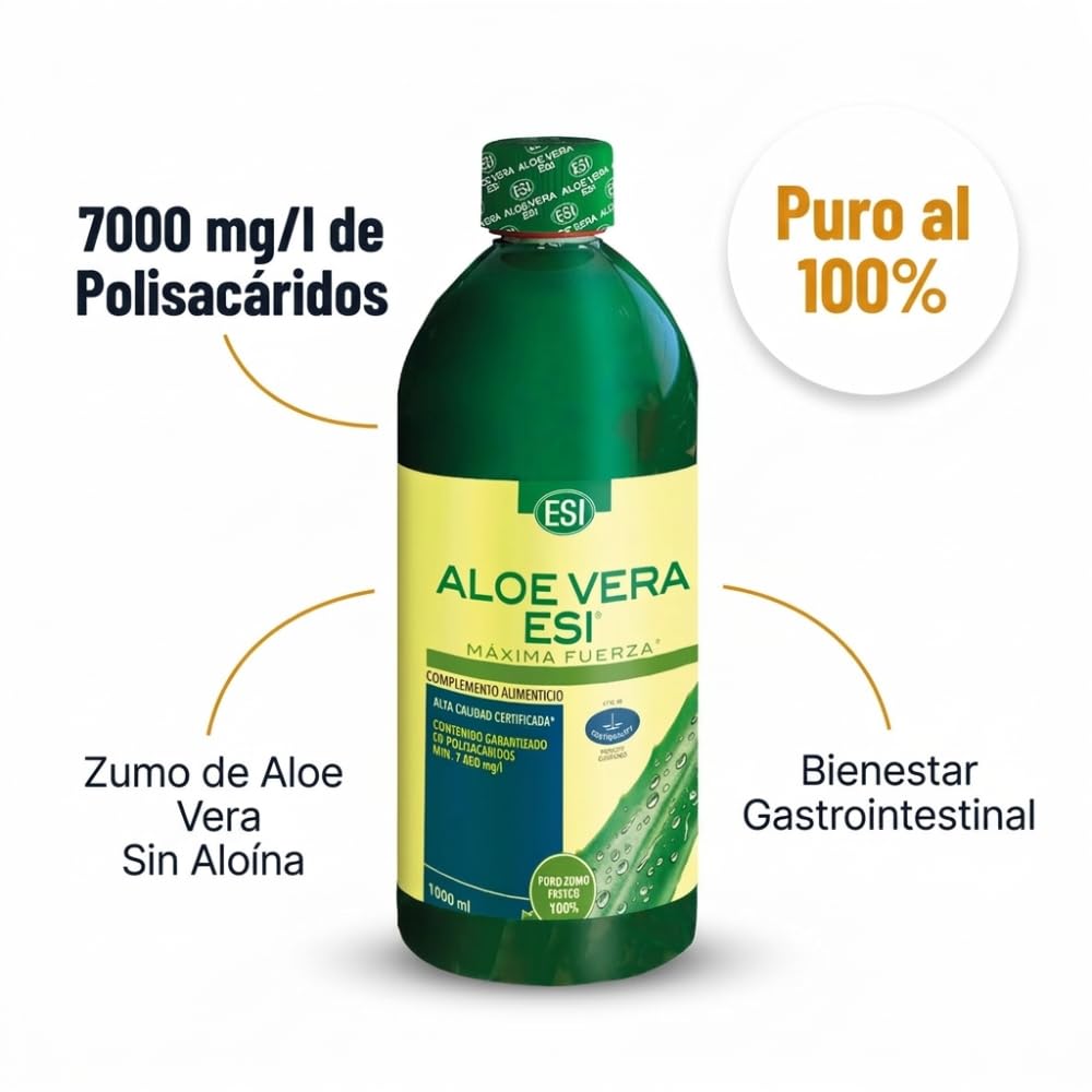ESI Aloe Vera Gel Puro - Zumo sin aloína, natural con de polisacáridos - Sin gluten, sin lactosa, sin OGM - Apto para veganos - Botella PET con tapón dosificador