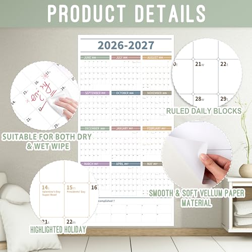 Image of GuassLee Large Yearly Wall Calendar 2026-2027, Full Year Calendar One Page, Jun. 2026- May 2027, Annual Wall Calendar 2026, 24 inchX 48 inch Wall Calendar 2026 Large with Foam Stickers
