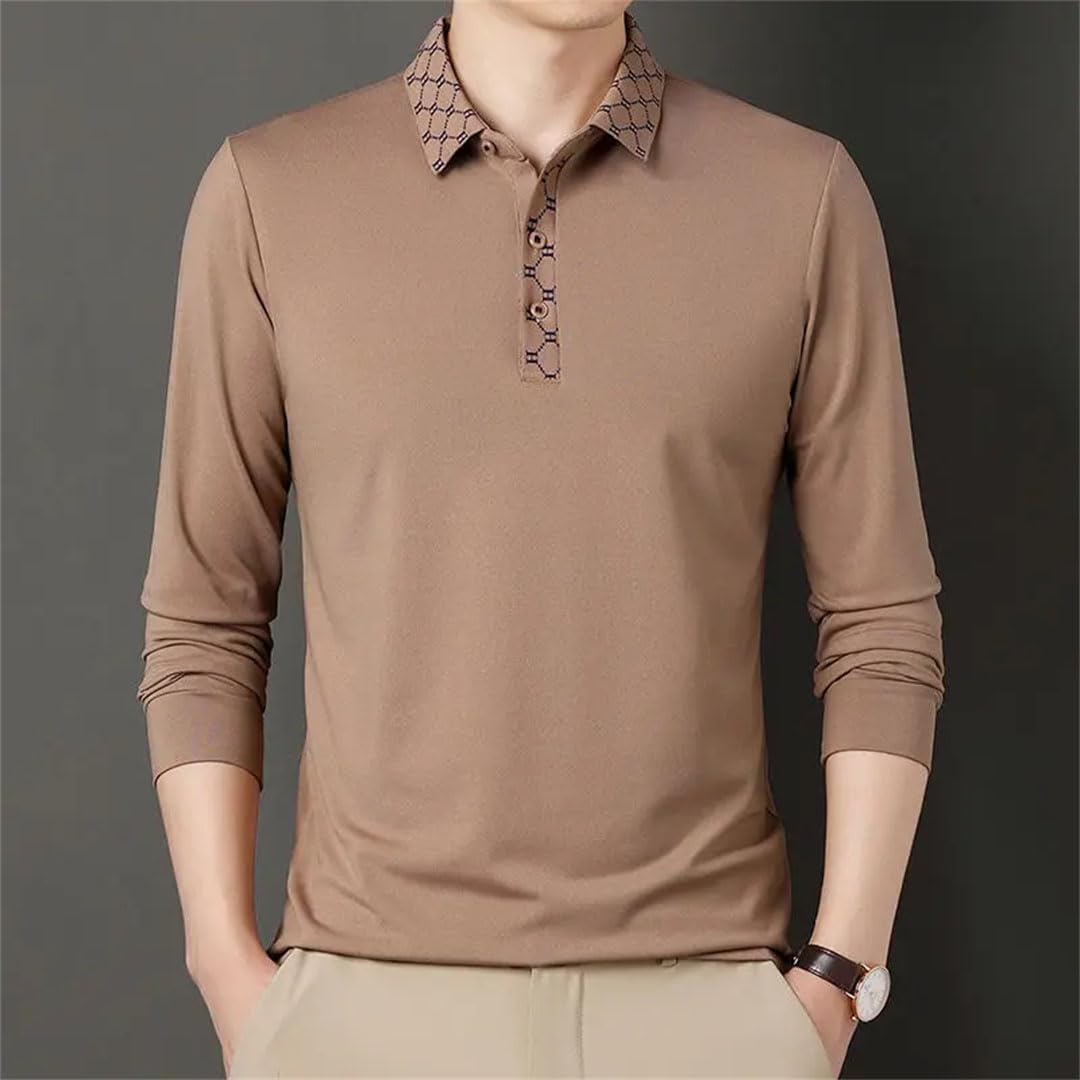Camisa de manga larga delgada y elegante para hombre, cuello polo, color liso, para negocios, para hombre