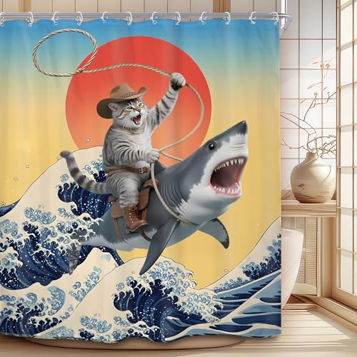 Funny Cat Kids Cute Cartoon Animal Pets Fun Sea Bathroom Shower Curtain Set