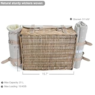 Multifunctional Wicker Picnic Basket Set for 4 with Blanket and Picnic Table, Insulated Picnic Set with Full Tablewares for Camping Outdoor Couples, Flowers