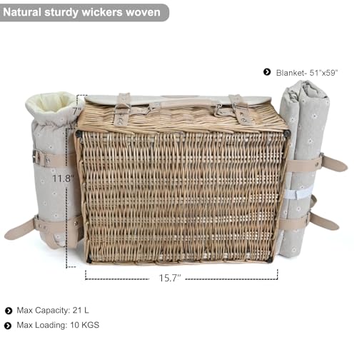 Multifunctional Wicker Picnic Basket Set for 4 with Blanket and Picnic Table, Insulated Picnic Set with Full Tablewares for Camping Outdoor Couples, Flowers - Thumbnail 3