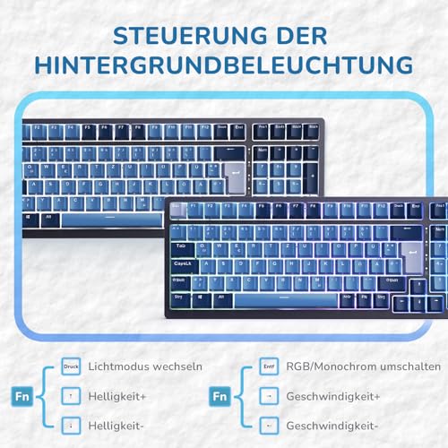 RK ROYAL KLUDGE RK98 Mechanische Tastatur Kabellose Gaming Tastatur 2.4G/Bluetooth 5.1/USB-C RGB Hinterleuchtet Deutsches Layout QWERTZ 100 Tasten Hot Swappable Roter Schalter, Blau – Bild 5