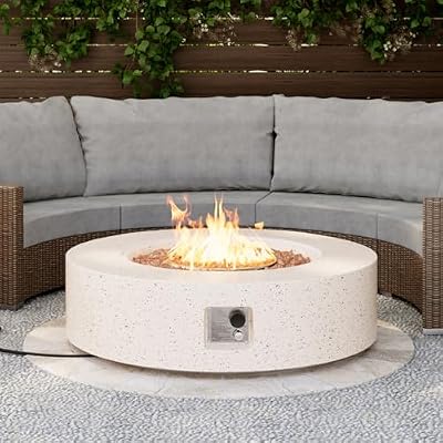 SUNBURY Outdoor 42inch Propane Fire Pit Table, 50,000 BTU Spotted White Patio Fire Table, Concrete Round Gas Fire Table w Lava Rocks