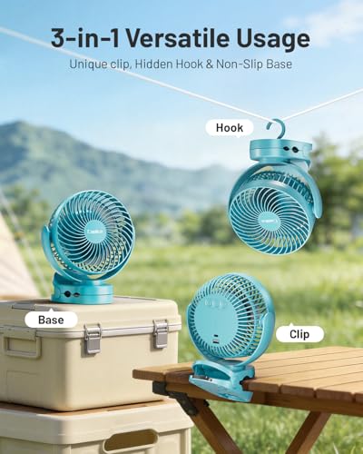 Image of Camping Fan with Remote Control - 12000mAh Rechargeable Battery Powered Fan, Camping Fans for Tents with LED light & Hanging Hook, Rechargeable Battery Operated Ceiling Fans for Tent RV Bed, Blue