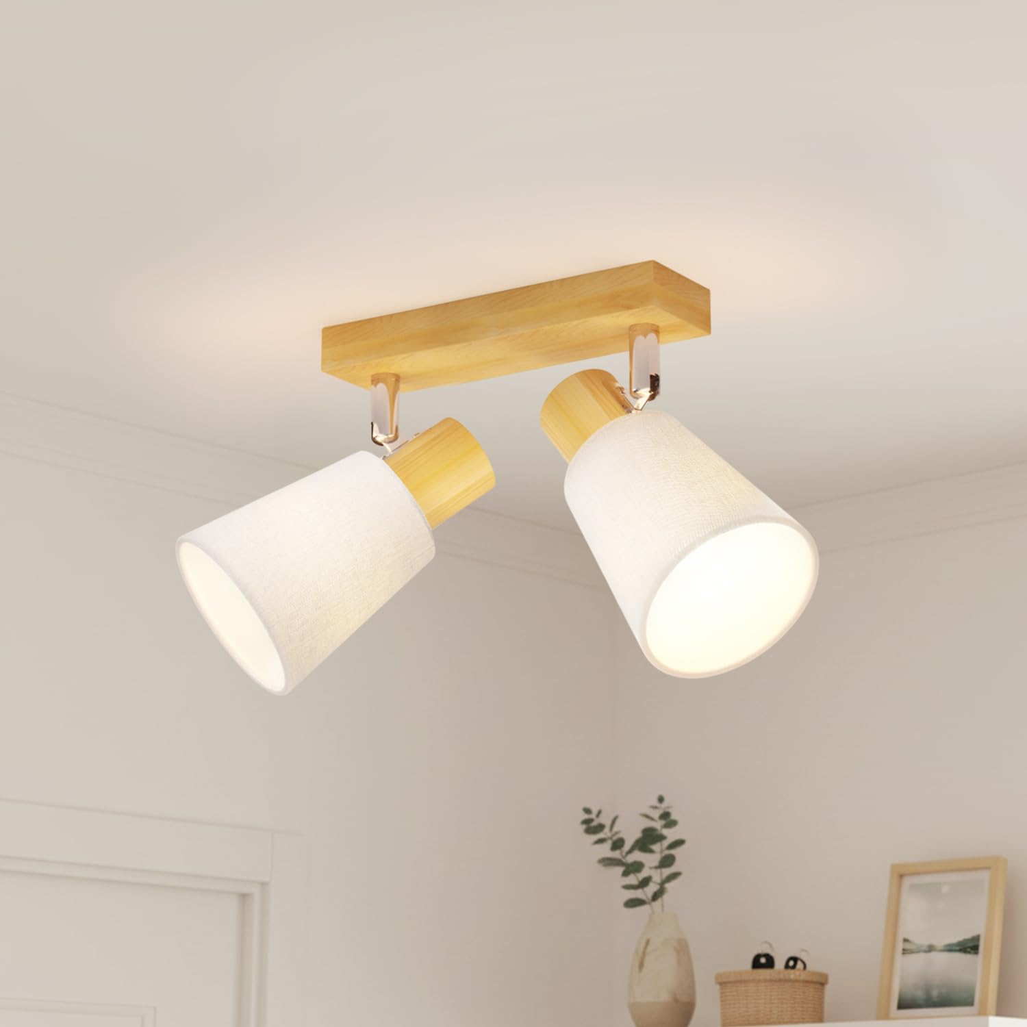 LVWIT Faretti da Soffitto E14, Faretto da Interno Bianco con 2 Faretto, Faretti Orientabili Legno, Faretto da Parete Interno Vintage per Barra, Salotto,Cameretta, Cucina, Bagno (Lampadine Escluse)