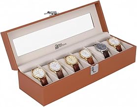 Luxury Watch Box for Men (6 Slots) - Premium PU Leather Case with Glass Top | Handcrafted Velvet Watch Storage Organizer | Ideal Birthday Anniversary Gift for Him (Tan)