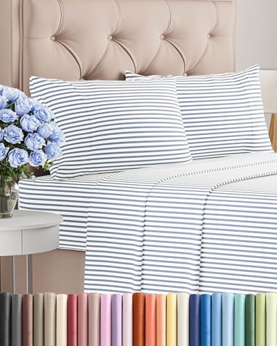 queen size 4 piece sheet set - comfy breathable & cooling bed sheets set - hotel luxury bedding for women, men, kids, teens, boys & girls - deep pockets, soft, wrinkle free - oeko-tex - blue stripes 2