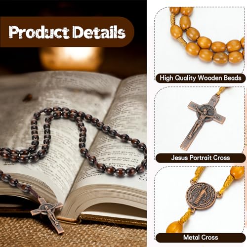 12 Set Wooden Bead Rosary Necklace Catholic Rosary Wood Carved Solid Beads with Jesus Cross Our Father with Velour Gift Pouch Baptism Favors Catholic Gift(Coffee, Wood)3