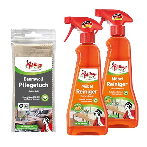 POLIBOY Möbel Reiniger - Schonender Holzreiniger für unbehandelte und versiegelte Holzmöbel - Seifenfreie Rezeptur - Mit frischem Organgenduft - 2x 375 ml - inkl. Baumwolltuch - Made in Germany POLIBOY Möbel Reiniger - Schonender Holzreiniger für unbehandelte und versiegelte Holzmöbel - Seifenfreie Rezeptur - Mit frischem Organgenduft - 2x 375 ml - inkl. Baumwolltuch - Made in Germany