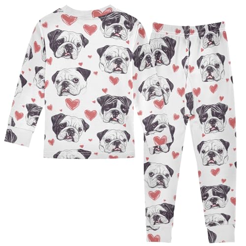 Bulldog Love Heart Pattern Cute Pajama Sets Long Sleeve Top and Pants, Snug Fit Sleepwear for Night Wears2