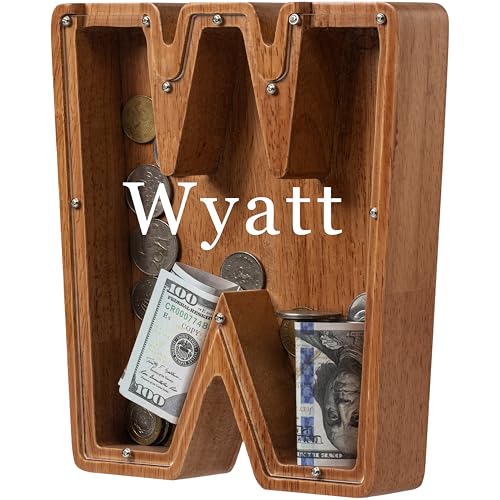 Personalized Large Wooden Kids Letter Piggy Bank - (Laser Engraved) Custom Piggy Bank for Boys Girls - Wooden Banks with Initials - Alphabet Money Box Bank Birthday Letter W Bank