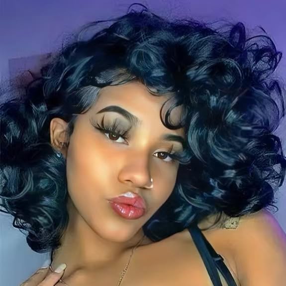 Sakula Short Curly Wigs for Black Women Human Hair Wigs for Black Women 180% Density Big Loose Wave Brazilian hair wigs Natural Wigs Half Wigs Soft Hair Black Wigs (#1B Natural Black)