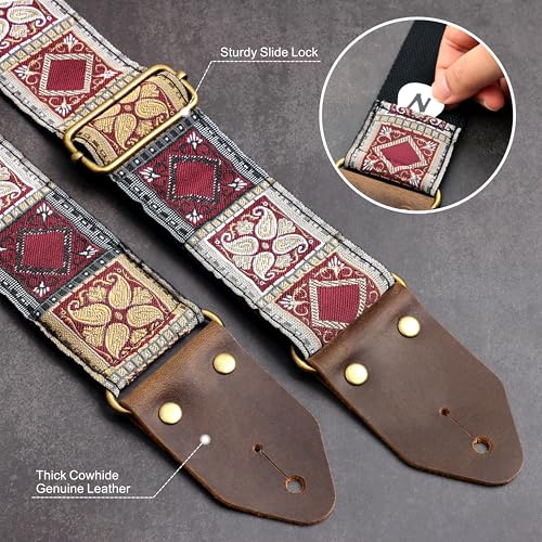 Image of Nefelibata Guitar Strap,Crazy Horse Leather Jacquard Embroidery Cotton Guitar Straps for Bass, Electric & Acoustic, Best Gifts for Guitarists(Bohemian Red Square)