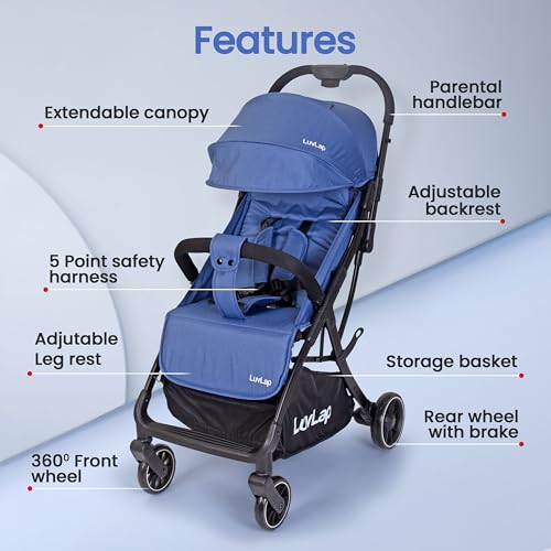 Image of LuvLap Regency Baby Stroller, Pram for 0 to 3 Years with 5 Point Safety Harness, Large Storage Basket, Heavy Duty Wheels, Easy Fold, Extendable Canopy, Multilevel Recline & Adjustable footrest