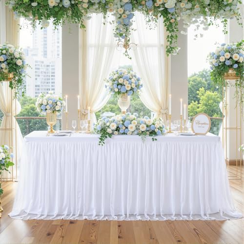 2 Pack White Tulle Tablecloths for 6 Foot Rectangular Tables, 6ft Wrinkle Free Spandex White Table Cover with Tutu Skirt for Wedding Bridal Shower Birthday Party Banquet Baby Shower Events Decorations by Suppromo - Used condition - Image 2