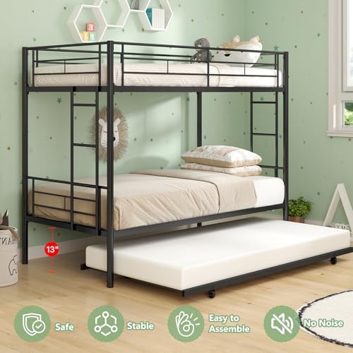 Kiivakii Twin Over Twin Bunk Bed with Trundle, Metal Bunkbed with 2 Side Ladders, Full Length Upper Bed, Sturdy Metal Frame Support, No Box Spring Needed, Noiseless, Black - Thumbnail 7