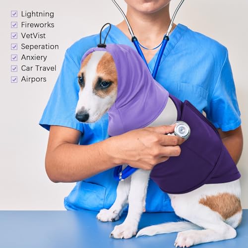 Image of SAWMONG Dog Anxiety Vest, Breathable Calming Shirt Adjustable Chest & Hood for Dogs, Soft Pet Stress Relief Calming Coat Wraps Ears for Noise, Thunderstorms, Fireworks and Separation(Purple, Medium)