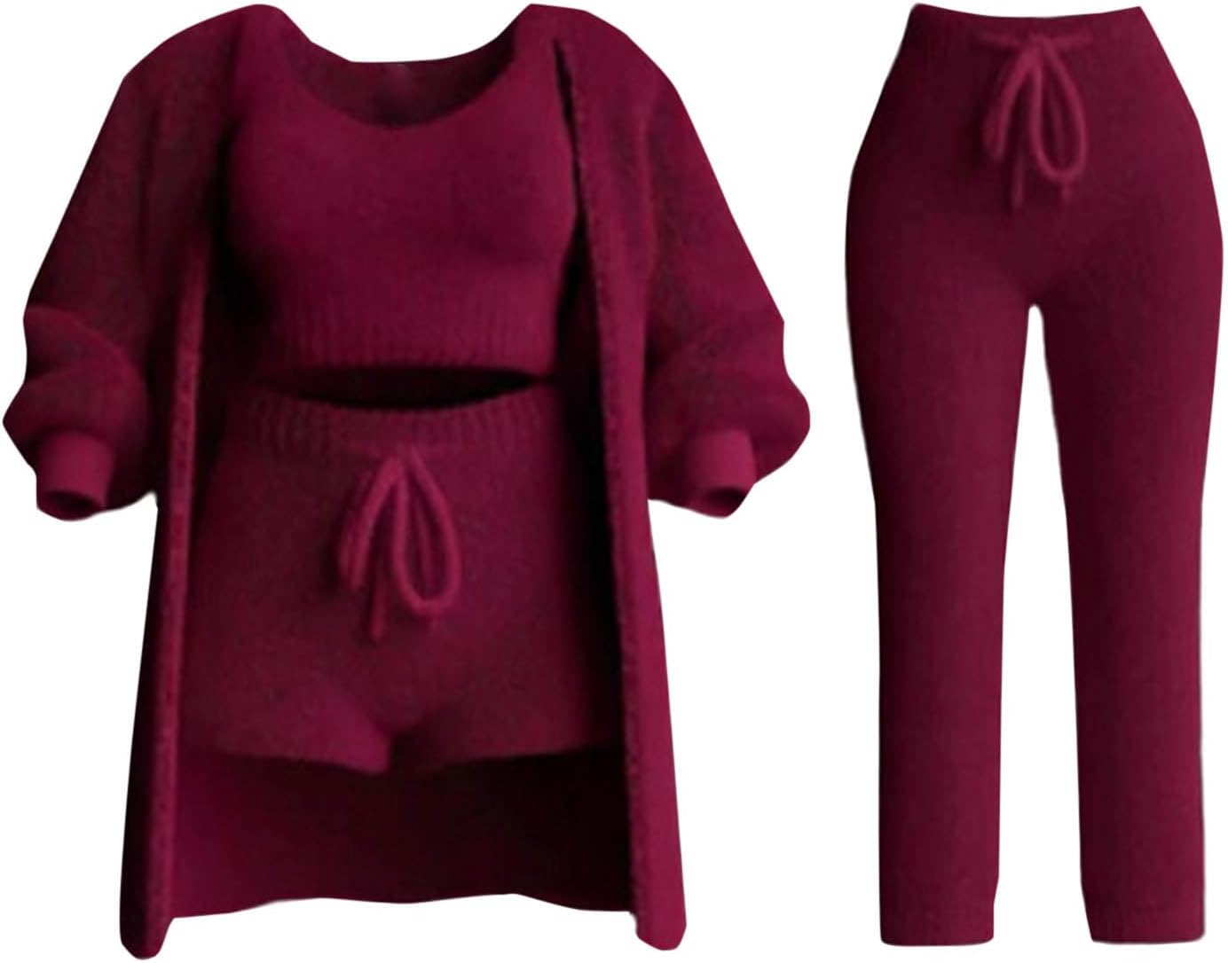 Oplxuo Women's Sexy Warm Fuzzy 4 Piece Outfits Pajamas Set, Sherpa Cardigan Crop Top Bodycon Shorts Pants Set Loungewear