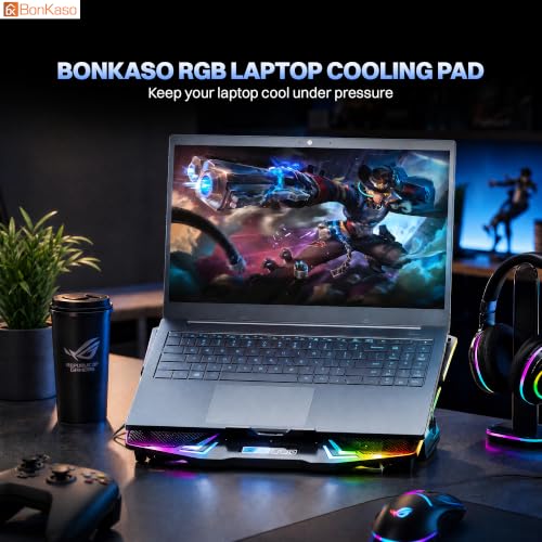 Image of Bonkaso RGB Laptop Cooling Pad for Up to 15.6 Inch Laptops, 6 High-Speed Fans, 1900 RPM, Digital LED Display, 5-Level Height Adjustment, Dual USB, Iron Mesh, Ultra-Quiet