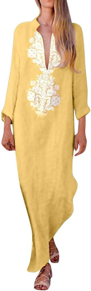 Women Boho Maxi Dress,Women’s Printed Long Sleeve V-Neck Maxi Dress Split Hem Baggy Kaftan Long Dress Party Loose Long Sleeve Cotton Viscose Dress (MS, Yellow)