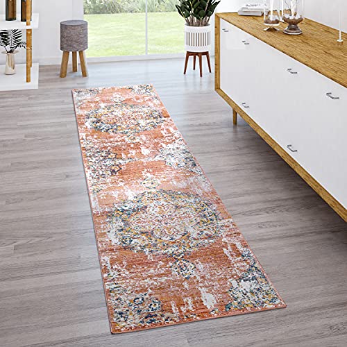 Paco Home Teppich Wohnzimmer Kurzflor Vintage Moderne Orient Optik Abstrakt Rot Creme Blau, Grösse:60x100 cm