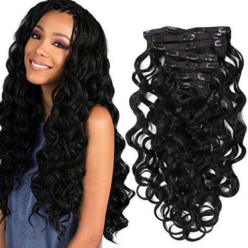 FASHION LINE Synthetic Clip in Hair Extensions Double Weft Full Head Straight/Body Wave/Deep Wave 7 Pieces(22" Body Wave, 1B Natural Black)