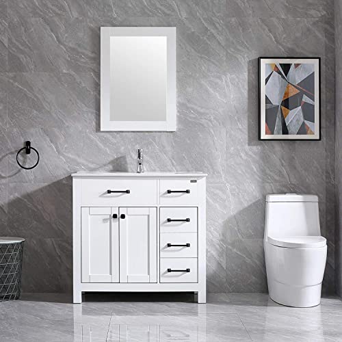 Walnest 36 Inch Free Standing Bathroom Vanity Ceramic Vessel Sink Combo Cabinet Countertop With 2 Doors Undermount Resin Sink And Chrome Faucet Combo With Mirror (White) #TOP2