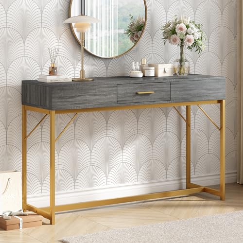 Mesa auxiliar de pasillo de lujo con tirador dorado y acabado premium gris de 120x38 cm