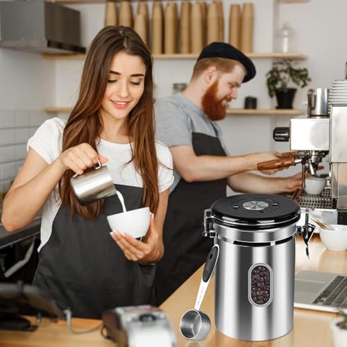 Airtight Coffee Canister with Date Tracker&Transparent Window, 35OZ Coffee Container with 30ML Measure Spoon&4 co2 Valve, Coffee Bean Storage Container for Grounds Coffee, Beans, Tea(Silver) by ROCKY&CHAO - Image 8