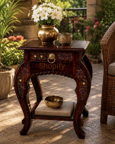 Image of Shopify Wooden Stool-Natural Wood Antique Look Side Table with Drawer for Living Room (Brown, 14 x 14 x 21 inch)