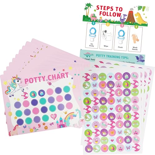 Rainbow Colorful Potty Training Chart for Girls, Waterproof Potty Training Reward Chart for Toddlers, 10Pcs Toilet Training Chart with 280 Stickers for Toilet Success, Develop Toileting Habit with Fun