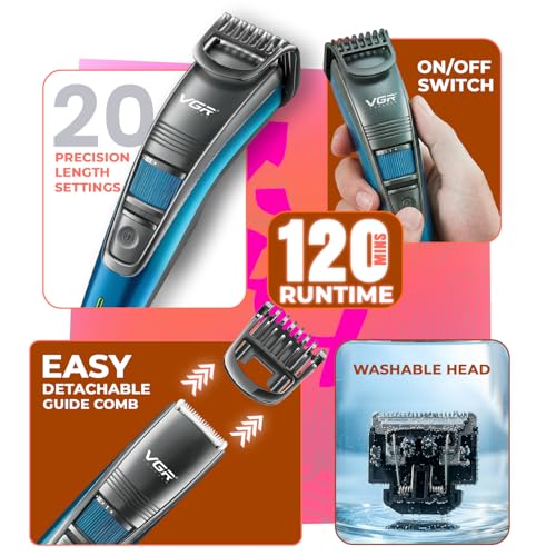 Image of VGR V-052 Beard Trimmer for Men| 12 Weeks of Trimming, 120 Min Runtime| USB Charging, Cordless Use| 20 Length Settings| Self Sharpening Stainless Steel Blades| Full Body Trimmer| 2-Year Warranty