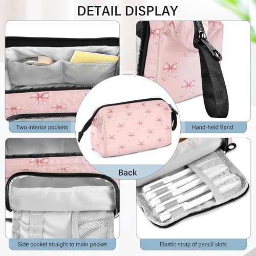 Image of Ribbon Bow Pink Pencil Case Pouch Big Capacity Pencil Bag Box Organizer Pen Case with Compartmens Stationery Organizer for Girls School College