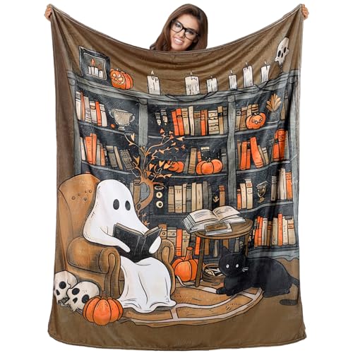 SmoothNovelty Ghost Reader Halloween Blanket 60"x50" Book Lovers Gifts Throw Blankets Skeleton Reading Books for Women Bookworm Bookish Boo Basket(Ghost)