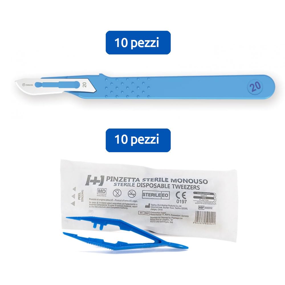 Pharma[+] Set Chirurgico: 10 Bisturi Sterili + 10 Pinzette Sterili in Polipropilene Blu
