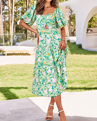 BTFBM Women Summer Dresses 2025 Casual Flowy Beach Square Neck Puff Short Sleeve Smocked Back Boho Floral Long Maxi Dress2