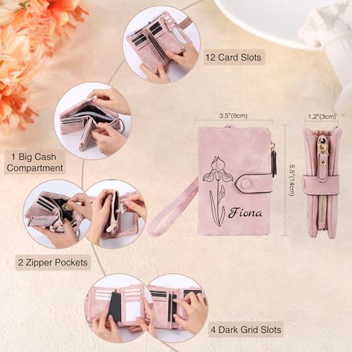 Personalized Leather Wallets for Women Wallets with Zipper Coin Purse with Wrist Strap Small Ladies Wallet with Name Birth Flower Leather Wallet for Girlfriend Wife Mother's Day - Blue-green3