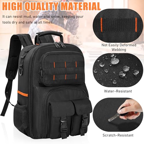 Image of Tool Backpack for Men with Removable Tool Organizer | Heavy Duty Tool Bag, Durable Water-Resistant Work Backpack for Electrician, Plumber, HVAC, Cable Repairman, Black & Orange
